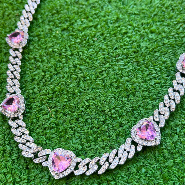 RICH PINK HEART DIAMOND MIAMI CHAIN 10mm (Bakır)